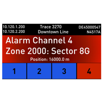 AP Sensing fiber optic DTS/DAS system alarm display for Channel 4, Zone 2000, Sector 8G at 16000m AP Sensing fiber optic DTS/DAS system alarm display for Channel 4, Zone 2000, Sector 8G at 16000m