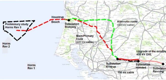 Figure 2: Off- and onshore power cable routing Map showing power transmission routes and substations for offshore wind connection, representing infrastructure monitored by AP Sensing DFOS solutions