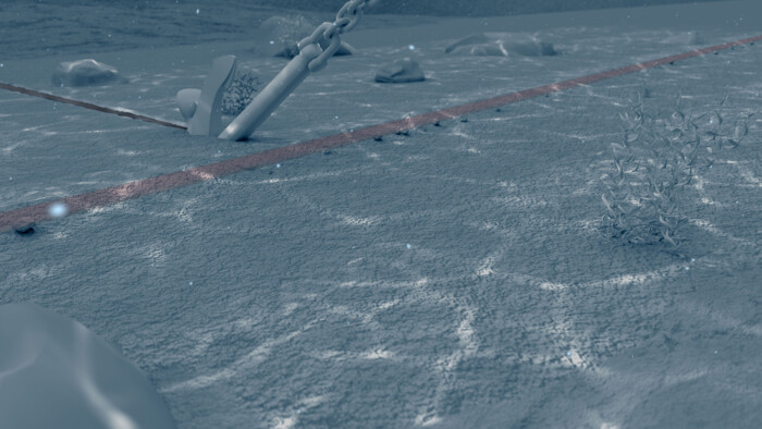 Underwater scene showing an anchor near a red line, representing seabed monitoring of pipelines and cables with DFOS Underwater scene showing an anchor near a red line, representing seabed monitoring of pipelines and cables with DFOS