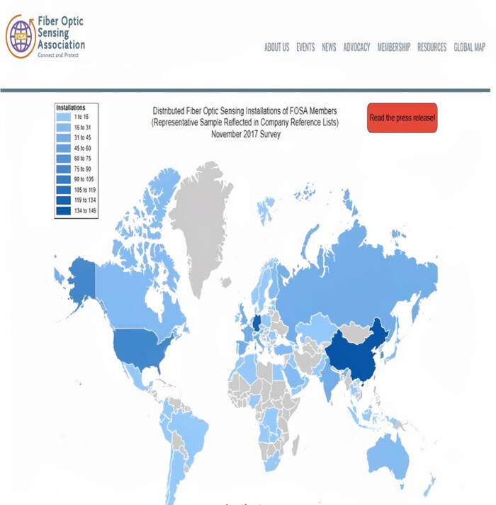 Global map illustrating distributed fiber optic sensing installations by FOSA members (November 2017 survey) Global map illustrating distributed fiber optic sensing installations by FOSA members (November 2017 survey)