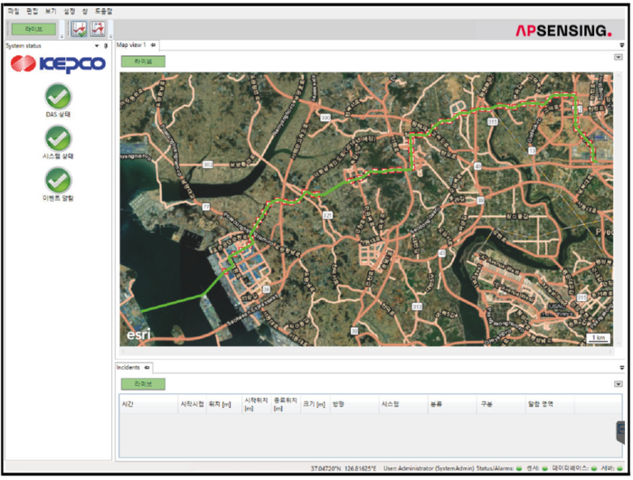 AP Sensing DAS system screen displaying network status, incidents, and map visualization AP Sensing DAS system screen displaying network status, incidents, and map visualization