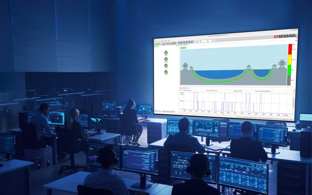 AP Sensing distributed fiber optic sensing provides real-time infrastructure monitoring via SmartVision software in a control room AP Sensing distributed fiber optic sensing provides real-time infrastructure monitoring via SmartVision software in a control room